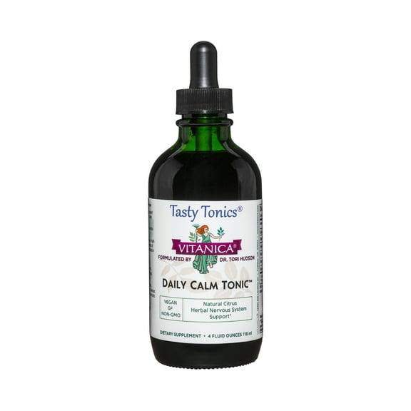 Vitanica Daily Calm Tonic, Natural Liquid Stress Relief Supplement, Dr. Formulated, Lemon Balm, Kava Kava and Passion Flower, for Women, Men & Adults, Alcohol Free, Vegan, 4 Ounce