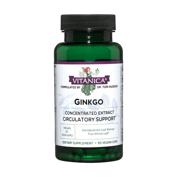 Vitanica Ginkgo Biloba Extract Supports Circulation and Cognitive Health, Standardized to 24% Flavone Glycosides, 6% Terpene Lactones, Vegan, Non-GMO, Gluten Free, 90 Capsules