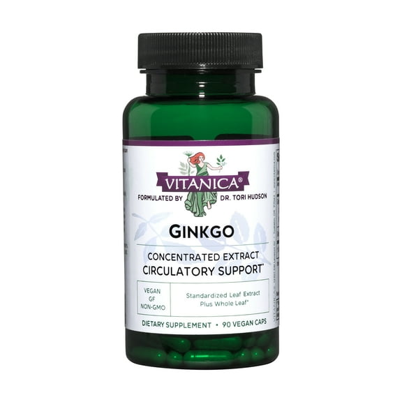 Vitanica Ginkgo Biloba Extract Supports Circulation and Cognitive Health, Standardized to 24% Flavone Glycosides, 6% Terpene Lactones, Vegan, Non-GMO, Gluten Free, 90 Capsules