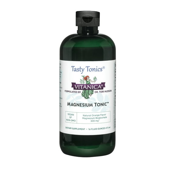 Vitanica Magnesium Tonic, Liquid Magnesium Bisglycinate Chelate 300 mg with Vitamin B6, Dr Formulated Supplement, Orange Flavor, Vegan, Gluten Free and Non-GMO,16 fl oz