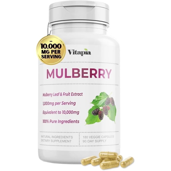 Vitapia Organic Mulberry Leaf & Fruit Extract 10,000mg - Gut, Heart Health, Immune Support - 180 Veggie Capsules