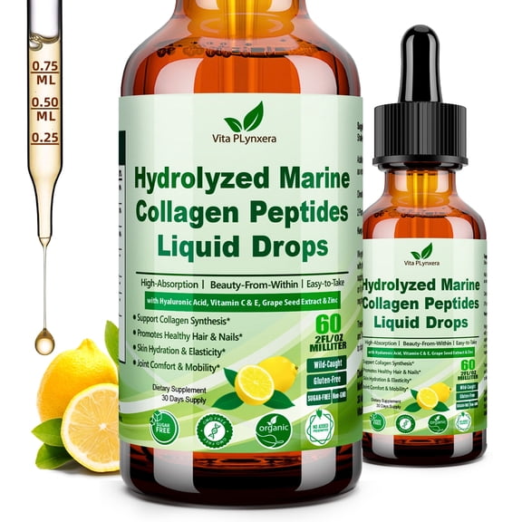 Vitaplynxera Hydrolyzed Marine Collagen Peptides Liquid, 60mL - Gluten-Free & Sugar-Free Supports Skin, Hair & Nails - with Hyaluronic Acid & Vitamin C - 30-Day Supply