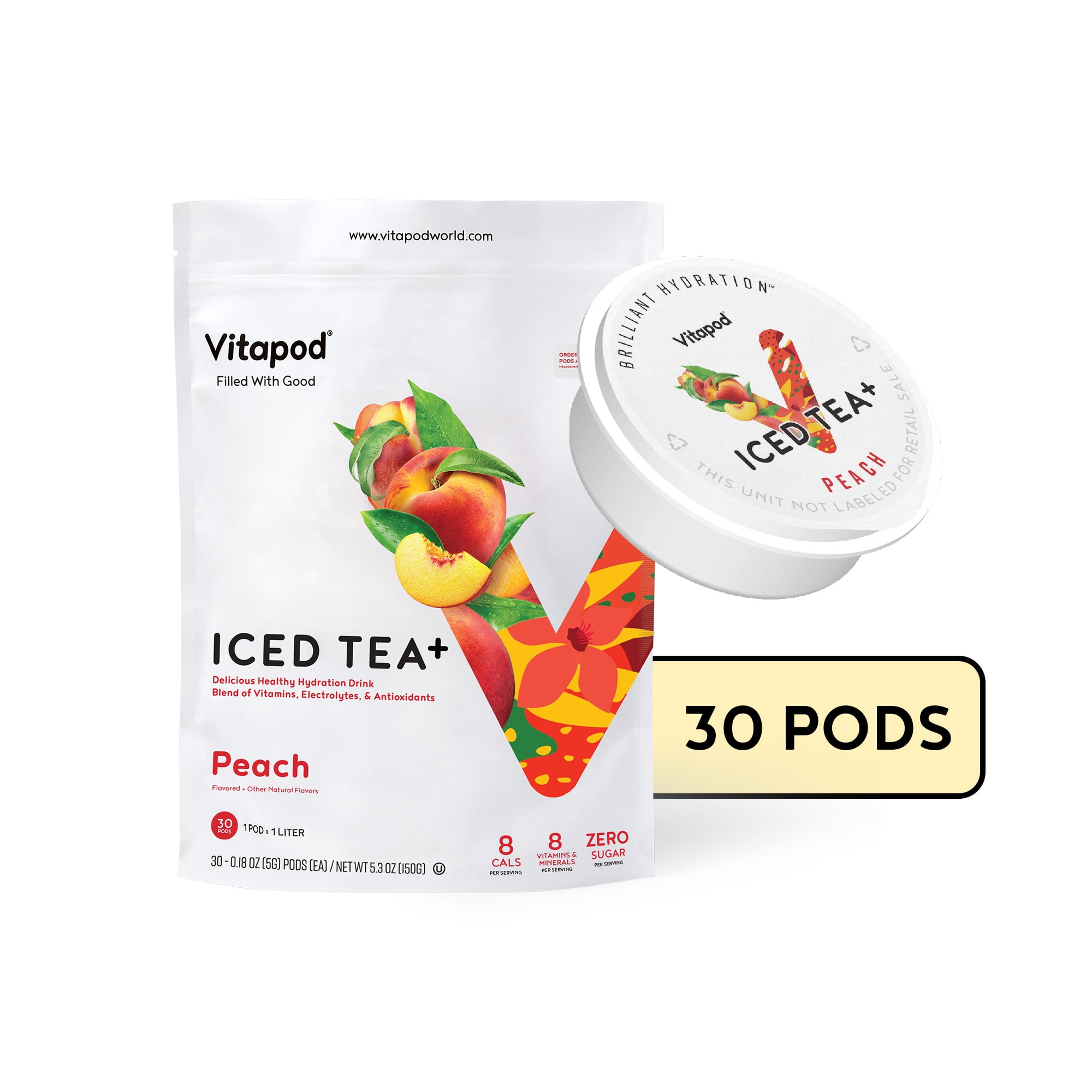 Vitapod Iced Tea+ Peach - Healthy Caffeine Energy Drink Mix, 60mg - 30 ...