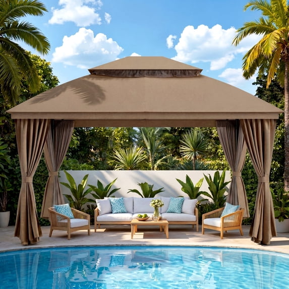 Vitarpatio 10'x10' Outdoor Patio Gazebo with Double Roof, Mosquito Netting and Privacy Screens, Metal Frame Outdoor Gazebo Heavy Duty Gazebo Tent Backyard Canopy Shelter, Brown