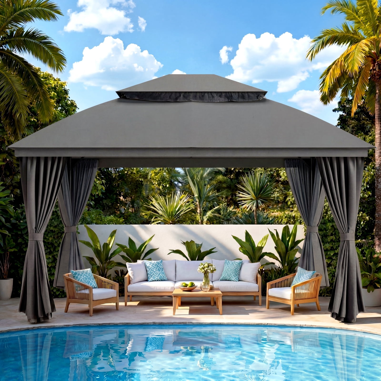 Vitarpatio 10'x10' Outdoor Patio Gazebo with Double Roof, Mosquito Netting and Privacy Screens, Metal Frame Outdoor Gazebo Heavy Duty Gazebo Tent Backyard Canopy Shelter, Gray