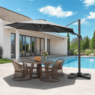 Vitarpatio 10ft Patio Umbrella, 360 Degree Rotation Hanging Offset Cantilever Umbrella Round Market Outdoor Umbrella with Swivel Handle, Crank, Tilt and Polyester Canopy, Gray