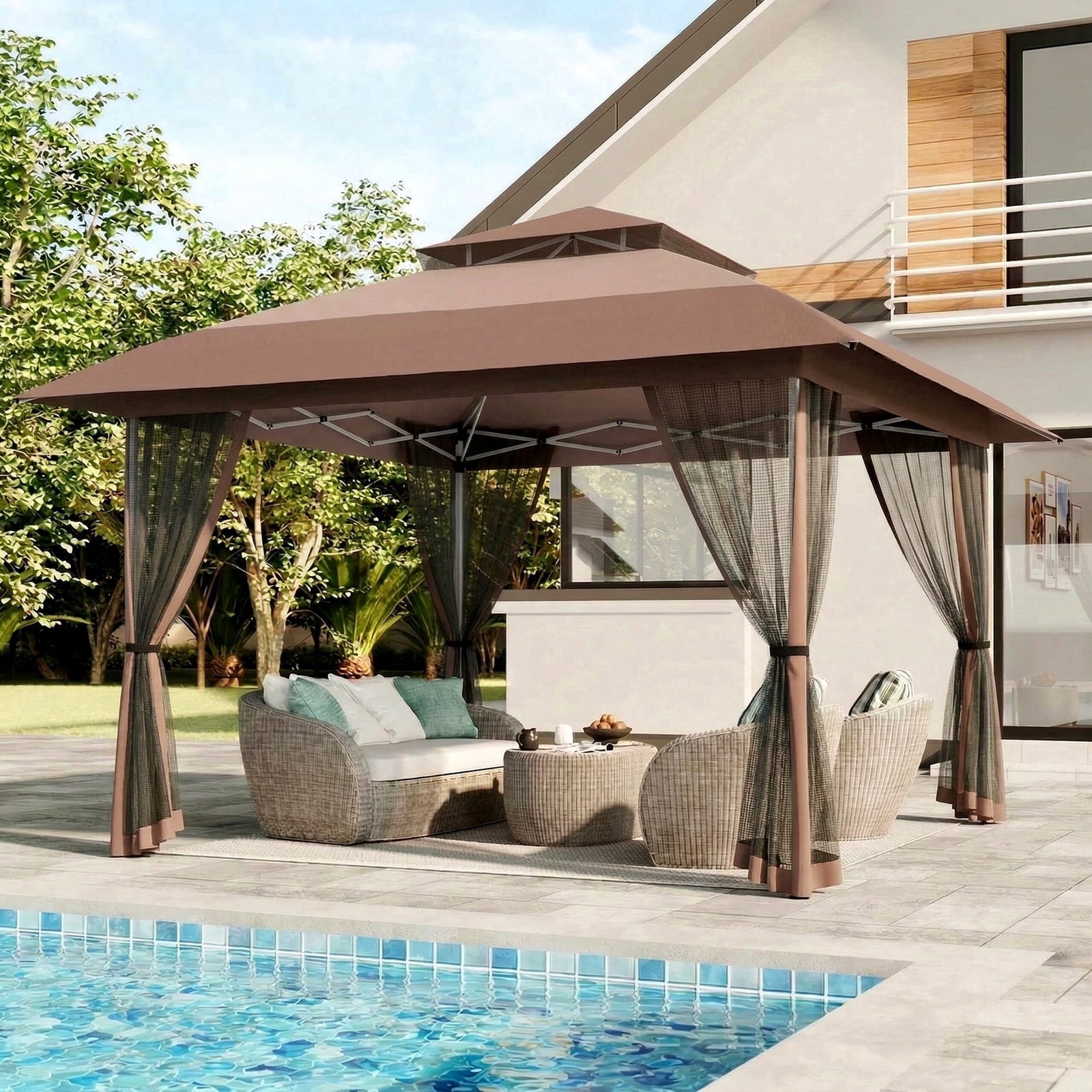 Vitarpatio 11x11 Pop Up Gazebo with Mosquito Netting, Steel Frame Pop-Up Canopy Tent Gazebos Portable Outdoor Gazebo with 2 Tier Roof, 3 Adjustable Height, Carry Bag and 4 Sandbags, Brown