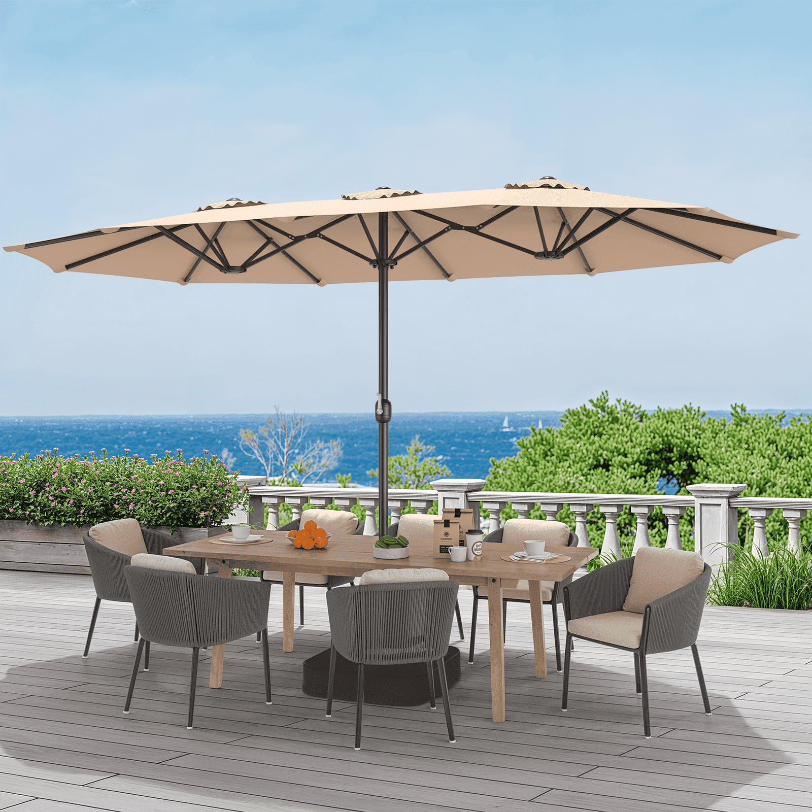 Vitarpatio 15 ft Double Sided Patio Umbrella with Base, Extra Large Outdoor Market Umbrella with Crank Handle, Rectangular Outdoor Deck Umbrella