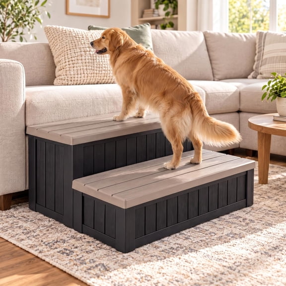Vitarpatio 2-Step Dog Stairs with Double Decker Storage, 36.6" Wide Pet Stairs Non-Slip Wood Grain Dog Ramp Ladder Waterproof Pet Steps, 780lb Capacity, Brown