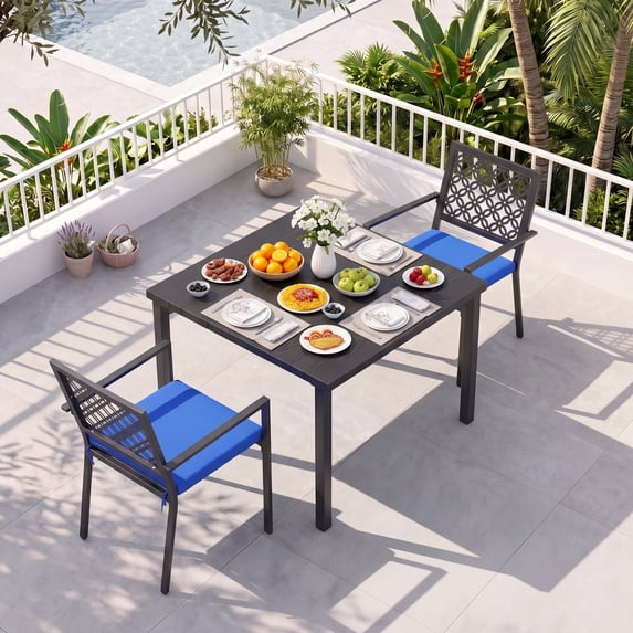 Vitarpatio 3 Piece Outdoor Patio Dining Set, Metal Patio Furniture Set with Square Table and 2 Chairs, All Weather Outdoor Dining Table and Chairs Set for 2, Hollow Back Armchairs W/ Cushions