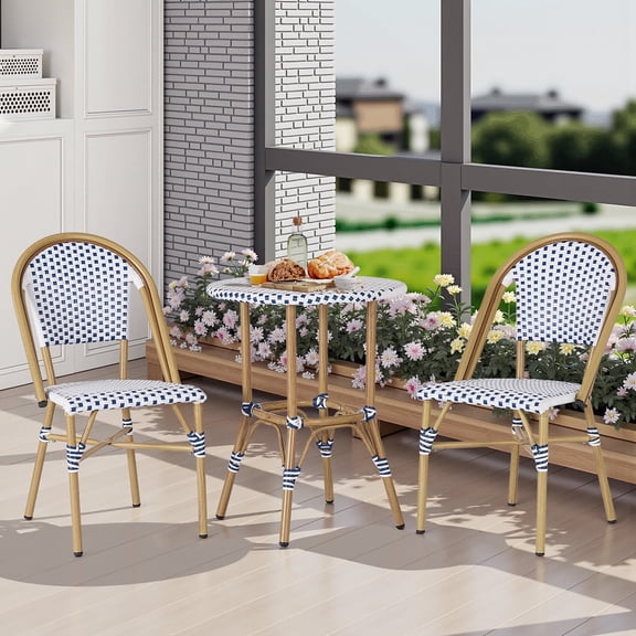 Vitarpatio 3 Piece Rattan French Dining Table Set with 2 Dining Chairs,  Aluminum Round Table French Dining Set