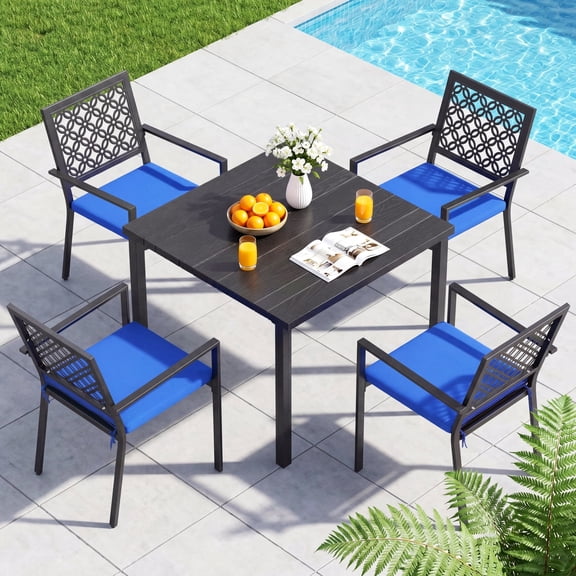Vitarpatio 5 Piece Outdoor Patio Dining Set, Metal Furniture Set with Square Dining Table and 6 Stackable Chairs, All-Weather Patio Table and Chairs Set for 4, Hollow Back Armchairs W/ Cushions