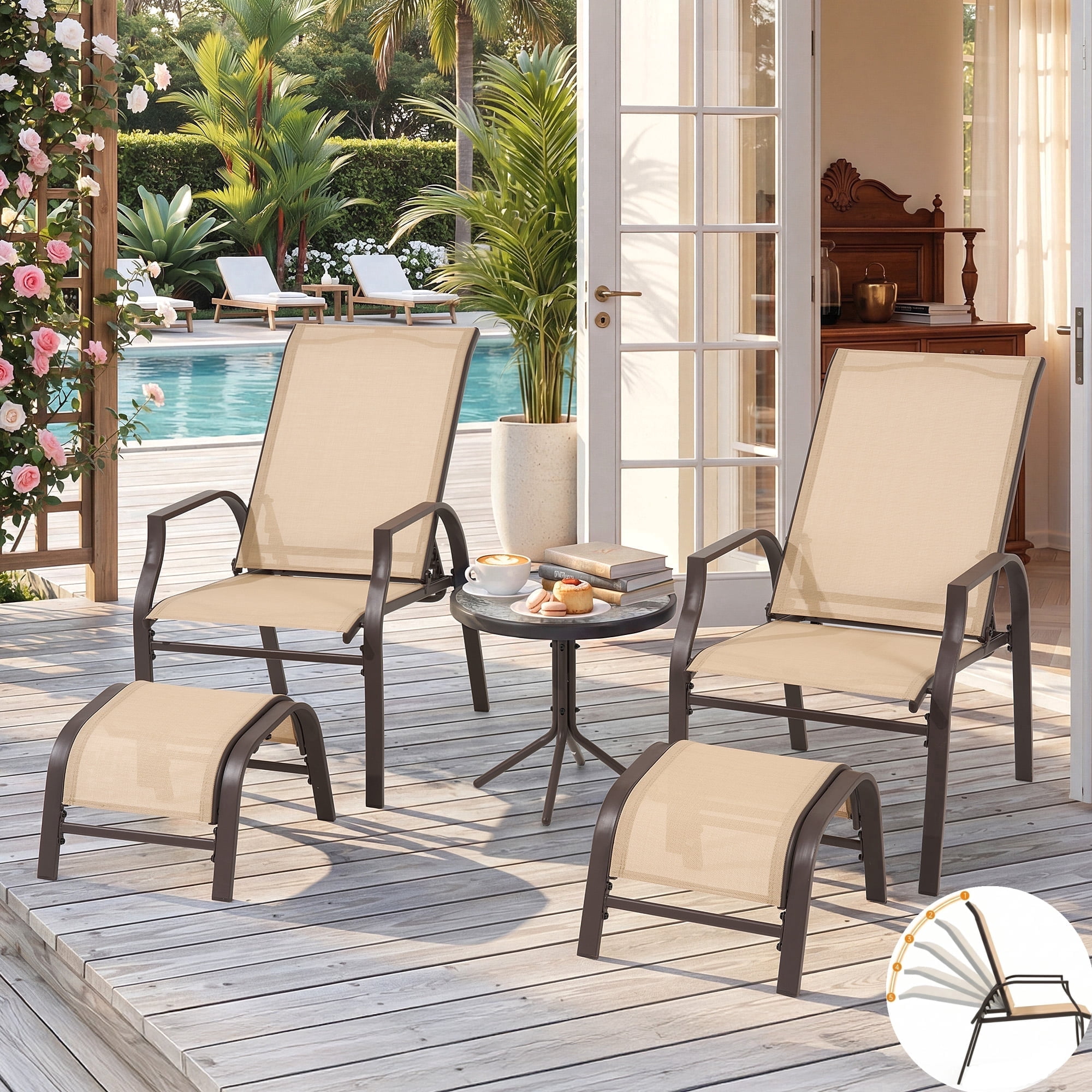 Vitarpatio 5 Piece Patio Furniture Set with 2 Ottomans and Glass Table, Balcony Furniture Textilene Patio Set Outdoor Lounge Chairs with Adjustable Backrest, Outdoor Furniture Conversation Set, Brown