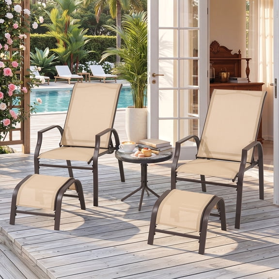 Vitarpatio 5 Piece Patio Furniture Set with 2 Ottomans and Glass Table, Outdoor Lounge Chairs Balcony Furniture Textilene Patio Recliner Chairs with Adjustable Backrest