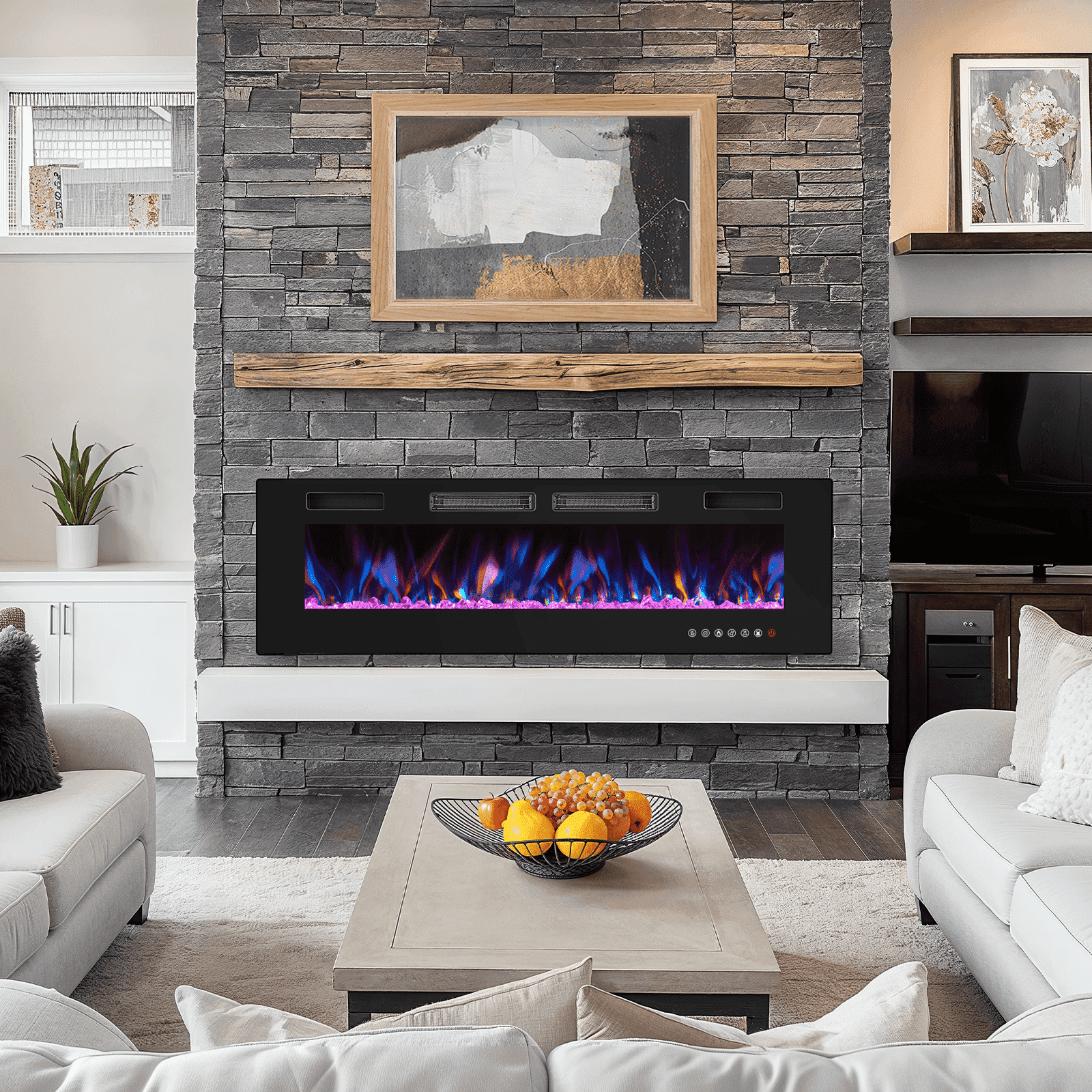 50" Black Wall Mounted Electric Fireplace with Remote Control