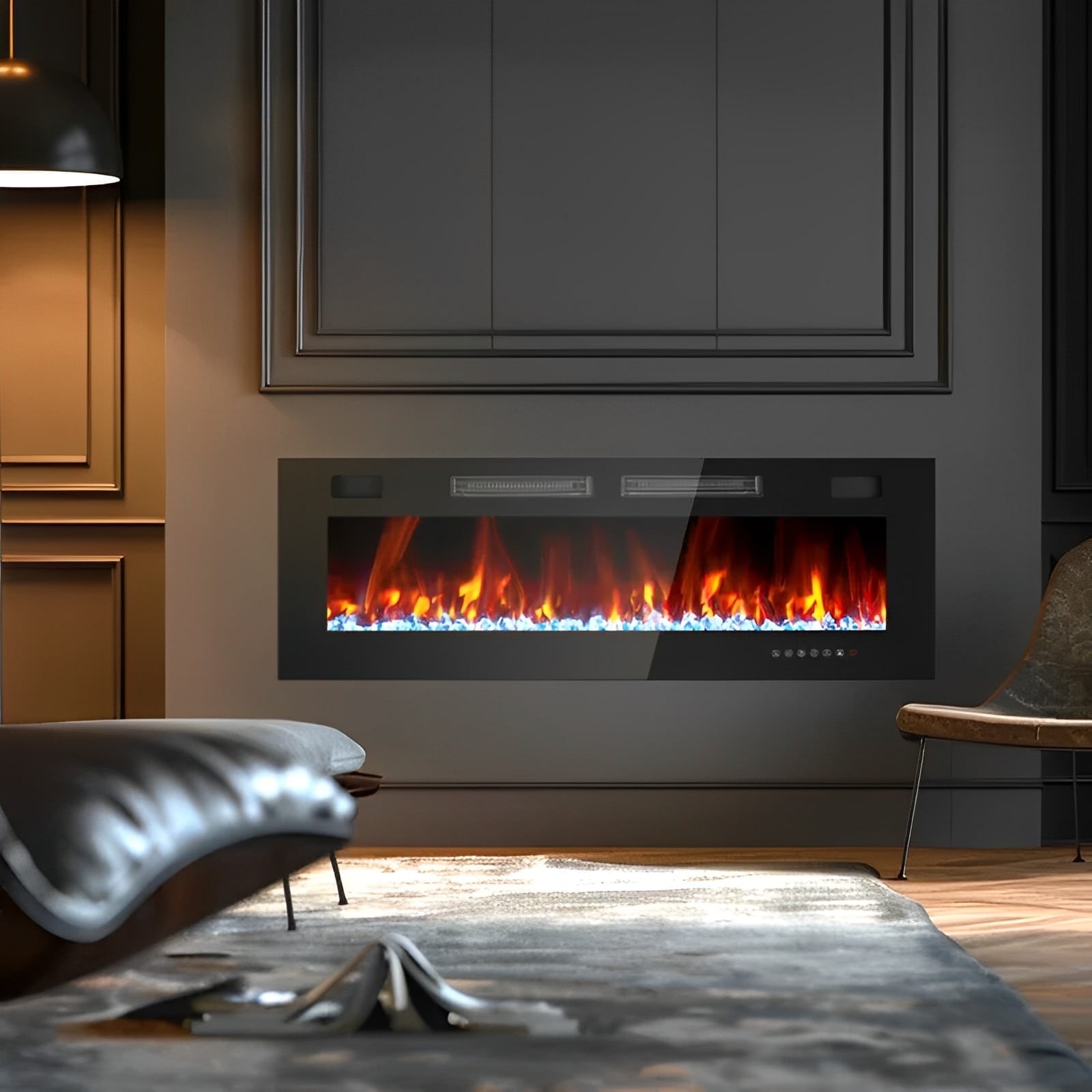 60" Black Wall Mounted Electric Fireplace with Remote Control