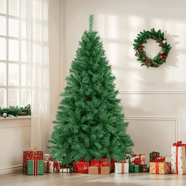 Vitarpatio 6ft Artificial Christmas Tree with 700 Tips, No-Lit Hinged Spruce Xmas Tree Full Tree w/ Foldable Metal Stand