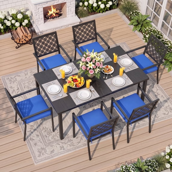 Vitarpatio 7 Piece Outdoor Patio Dining Set, Metal Outdoor Furniture Set with Rectangular Dining Table and 6 Chairs, All Weather Patio Table and Chairs Set for 6, Hollow Back Armchairs W/ Cushions
