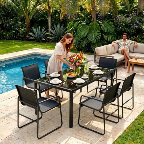 Vitarpatio 7 Piece Outdoor Patio Dining Set with 6 Textilene Chairs and Glass Rectangular Table, Modern Outdoor Furniture Set Patio Table and Chairs Set for 6 Persons, Black
