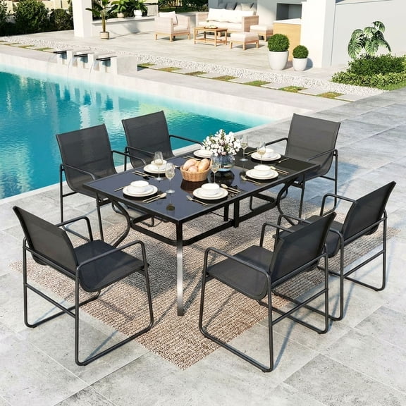 Vitarpatio 7 Piece Outdoor Patio Dining Set with 6 Textilene Chairs and Glass Rectangular Table, Modern Outdoor Furniture Set Patio Table and Chairs Set for 6 Persons, Black