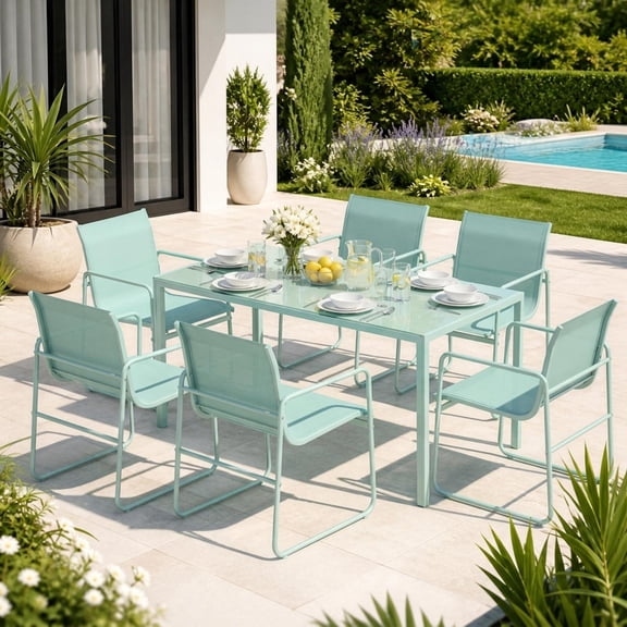 Vitarpatio 7 Piece Outdoor Patio Dining Set with 6 Textilene Chairs and Rectangular Glass Table, Modern Outdoor Furniture Set Patio Table and Chairs Set Balcony Furniture for 6 Persons, Mint Green
