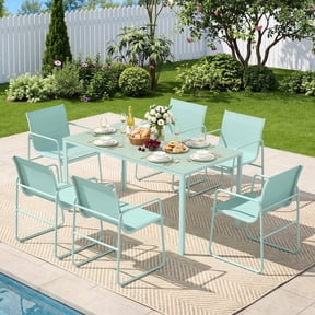 Vitarpatio 7 Piece Outdoor Patio Dining Set with 6 Textilene Chairs and Glass Rectangular Table, Modern Outdoor Furniture Set Patio Table and Chairs Set for 6 Persons, Mint Green