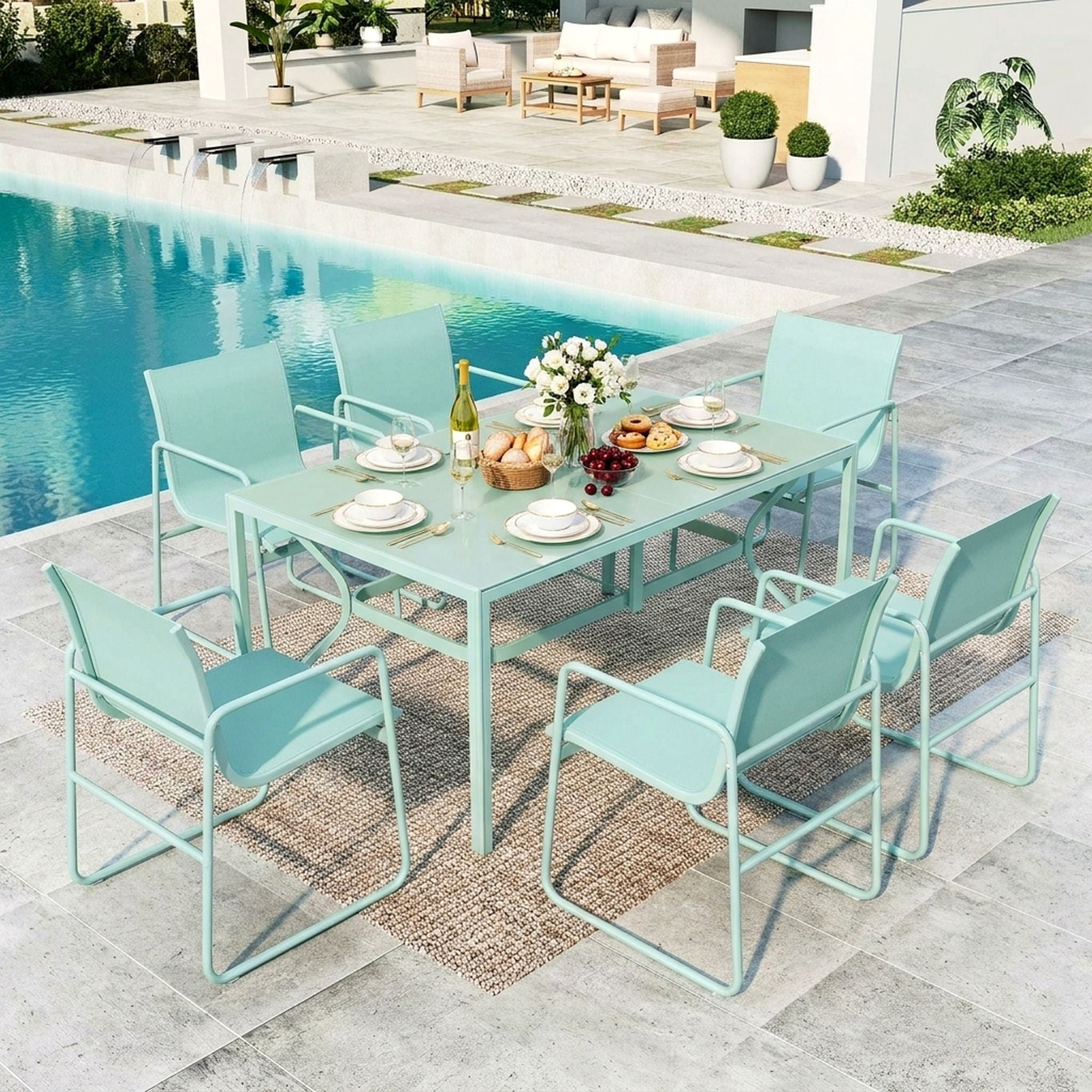 Vitarpatio 7 Piece Outdoor Patio Dining Set with 6 Textilene Chairs and Glass Rectangular Table, Modern Outdoor Furniture Set Patio Table and Chairs Set for 6 Persons, Mint Green