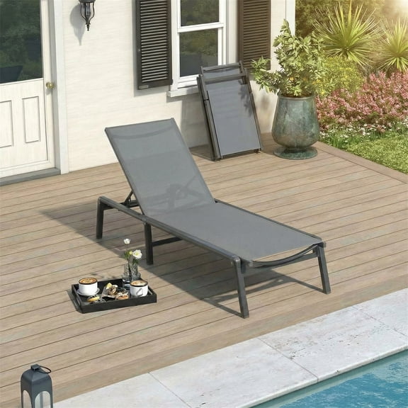 Vitarpatio Aluminum Outdoor Chaise Lounge Chair, Foldable Pool Lounge Chairs 5 Adjustable Position Lounge Recliner Chair, Assembly Free, Gray