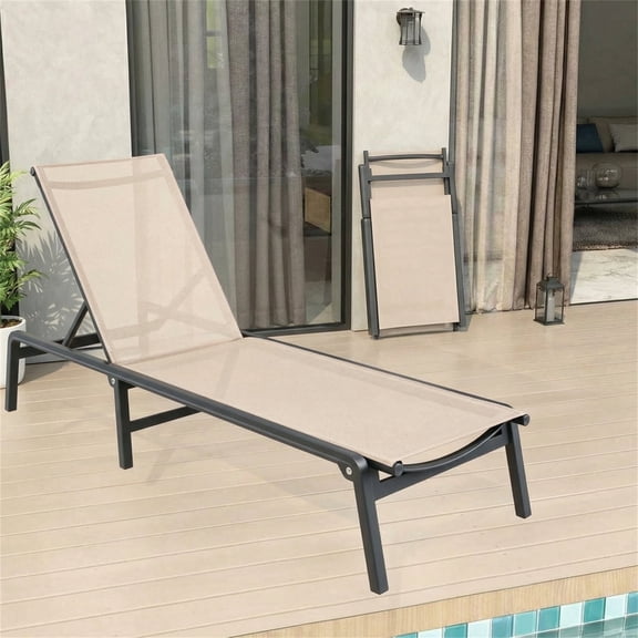 Vitarpatio Aluminum Outdoor Chaise Lounge Chair, Portable Foldable Lounger 5-Position Adjustable Recliner Folding Pool Chair, No Assembly Required, Khaki