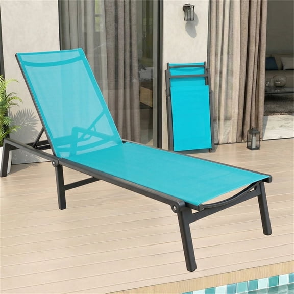 Vitarpatio Aluminum Outdoor Chaise Lounge Chair, Foldable Pool Lounge Chairs 5 Adjustable Position Lounge Recliner Chair, Assembly Free, Lake Blue