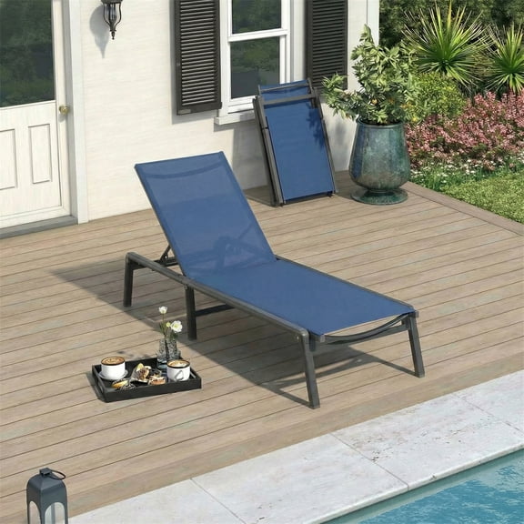 Vitarpatio Aluminum Outdoor Chaise Lounge Chair, Foldable Pool Lounge Chairs 5 Adjustable Position Lounge Recliner Chair, Assembly Free, Navy Blue