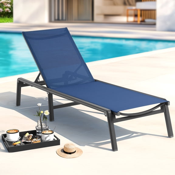 Vitarpatio Aluminum Outdoor Chaise Lounge Chair, Foldable Pool Lounge Chairs 5 Adjustable Position Lounge Recliner Chair, Assembly Free, Navy Blue