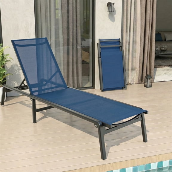 Vitarpatio Aluminum Outdoor Chaise Lounge Chair, Foldable Pool Lounge Chairs 5 Adjustable Position Lounge Recliner Chair, Assembly Free, Navy Blue