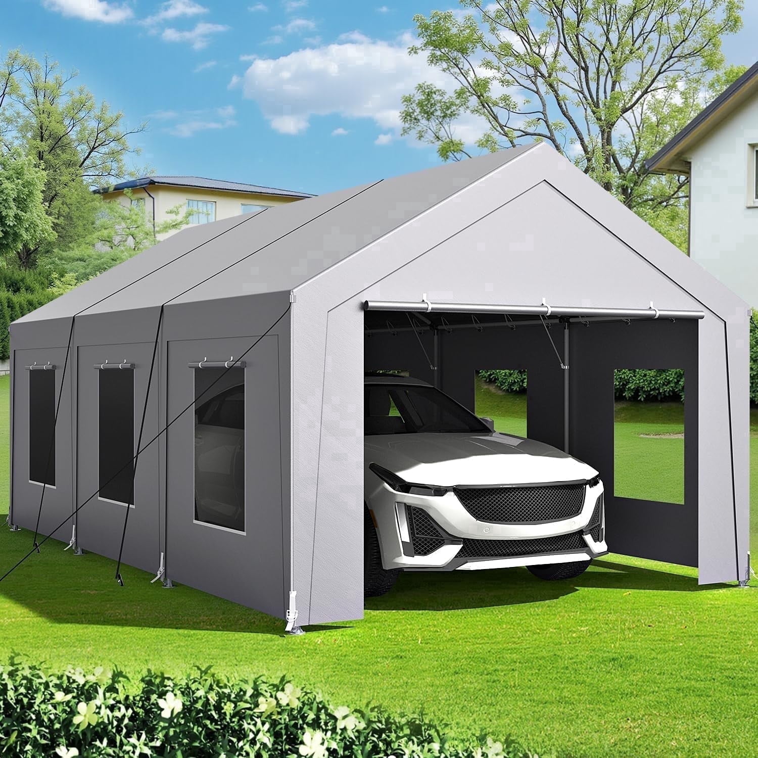 Vitarpatio 10x20 ft Carport Heavy Duty, Reinforced Metal Car Port Canopy Portable Garage Waterproof Car Tent with 6 Roll-up Windows, Door and Removable Sidewalls, Light Gray