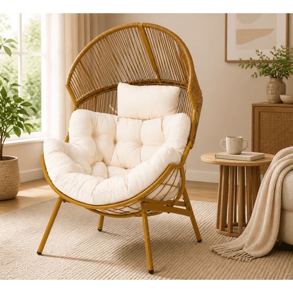 Vitarpatio Oversized Egg Chair with Cushion and Stand, Freestanding Egg Lounge Chair Stationary Metal Wicker Basket Chair Modern Comfy Nest Chair, 550 Lbs Capacity, Beige