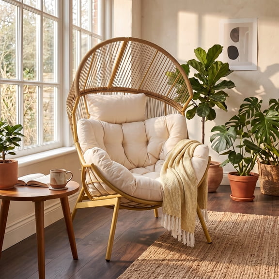 Vitarpatio Freestanding Egg Chair with Cushion and Stand, Oversized Egg Lounge Chair Stationary Metal Wicker Basket Chair Modern Comfy Nest Chair, 550 Lbs Capacity, Beige