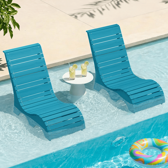 Vitarpatio HDPS In Pool Lounge Chairs Set of 2, S Shape Patio Recliner Chair, Outdoor Tanning Chairs Pool Chairs Lounger with M-Shape Base, Blue