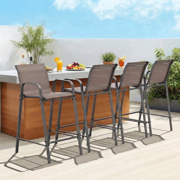 Vitarpatio Outdoor Bar Stools Set of 4, Patio Bar Height Stool Outdoor Textilene Bar Chairs, Brown