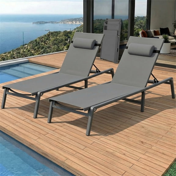 Vitarpatio Outdoor Patio Chaise Lounge Chairs Set of 2, Foldable Aluminum Lounge Recliner Chair 5 Adjustable Position Patio Lounge Chairs with Headrest, Assembly Free, Gray