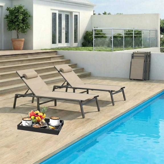 Vitarpatio Outdoor Patio Chaise Lounge Chairs Set of 2, Foldable Aluminum Lounge Recliner Chair 5 Adjustable Position Patio Lounge Chairs with Headrest, Assembly Free, Khaki