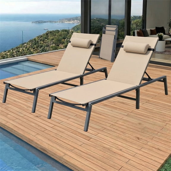Vitarpatio Outdoor Patio Chaise Lounge Chairs Set of 2, Foldable Aluminum Lounge Recliner Chair 5 Adjustable Position Patio Lounge Chairs with Headrest, Assembly Free, Khaki