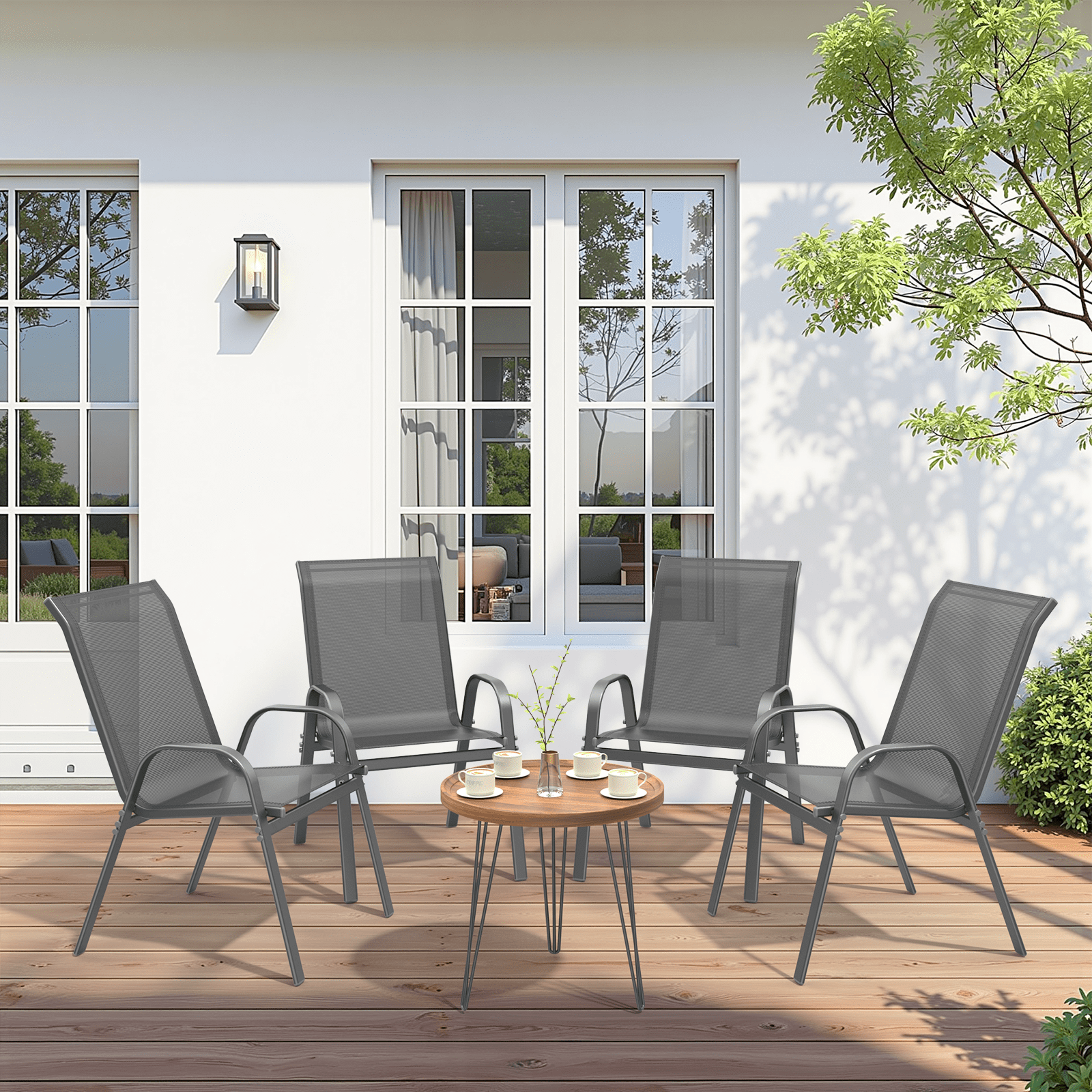 Set of 4 Gray Steel Frame Patio Dining Chairs