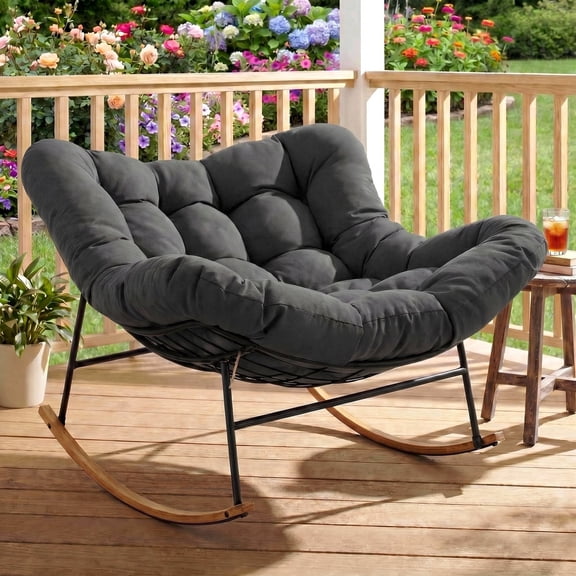 Vitarpatio Oversized Papasan Rocking Chair, Indoor Outdoor Rocking Chair Comfy Papasan Chair with Cushion, Metal Lounge Chair Rocker 450 lbs Heavy Duty Patio Papasan Egg Chair for Porch Garden, Gray