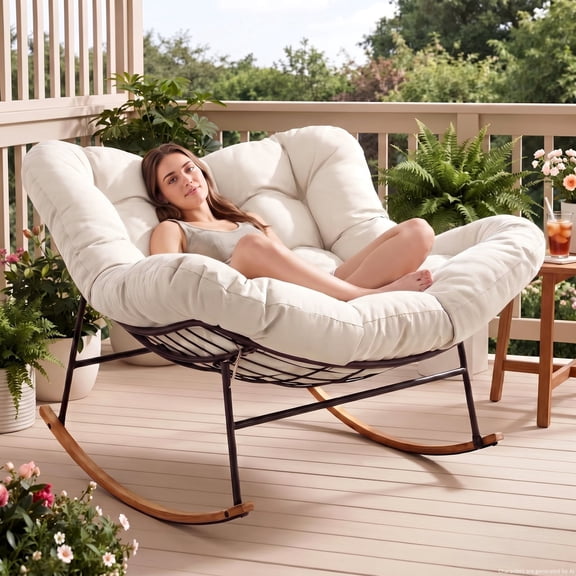 Vitarpatio Oversized Papasan Rocking Chair, Indoor Outdoor Rocking Chair Comfy Papasan Chair with Cushion, Metal Lounge Chair Rocker 450 lbs Heavy Duty Patio Papasan Egg Chair for Porch, Cream White