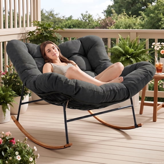 Vitarpatio Oversized Papasan Rocking Chair, Indoor Outdoor Rocking Chair Comfy Papasan Chair with Cushion, Metal Lounge Chair Rocker 450 lbs Heavy Duty Patio Papasan Egg Chair for Porch Garden, Gray