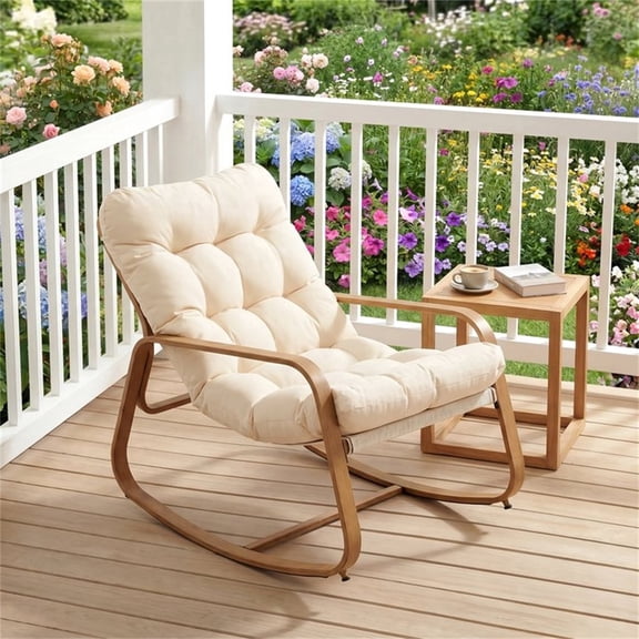 Vitarpatio Oversized Rocking Chair with Cushion and Armrest, Indoor Outdoor Rocking Chair, Patio Papasan Rocker Heavy Duty Rocking Lounge Chair Recliner for Porch, Wood Grain Finish, 400 lbs Capacity