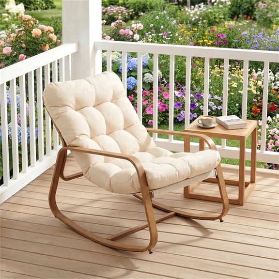 Vitarpatio Oversized Rocking Chair with Cushion and Armrest, Indoor Outdoor Rocking Chair, Patio Papasan Rocker Heavy Duty Rocking Lounge Chair Recliner for Porch, Wood Grain Finish, 400 lbs Capacity