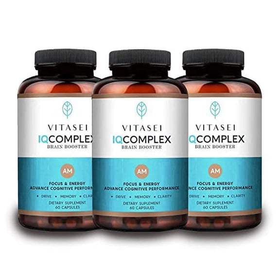 Vitasei IQ Complex AM Brain Booster Brain Supplement for Memory & Focus-Energy & Cognitive Capsules W/Ashwagandha,Quercetin & Green Tea,Memory Pills for Mental Clarity,Mental Focus- 60 Capsules (3pck)
