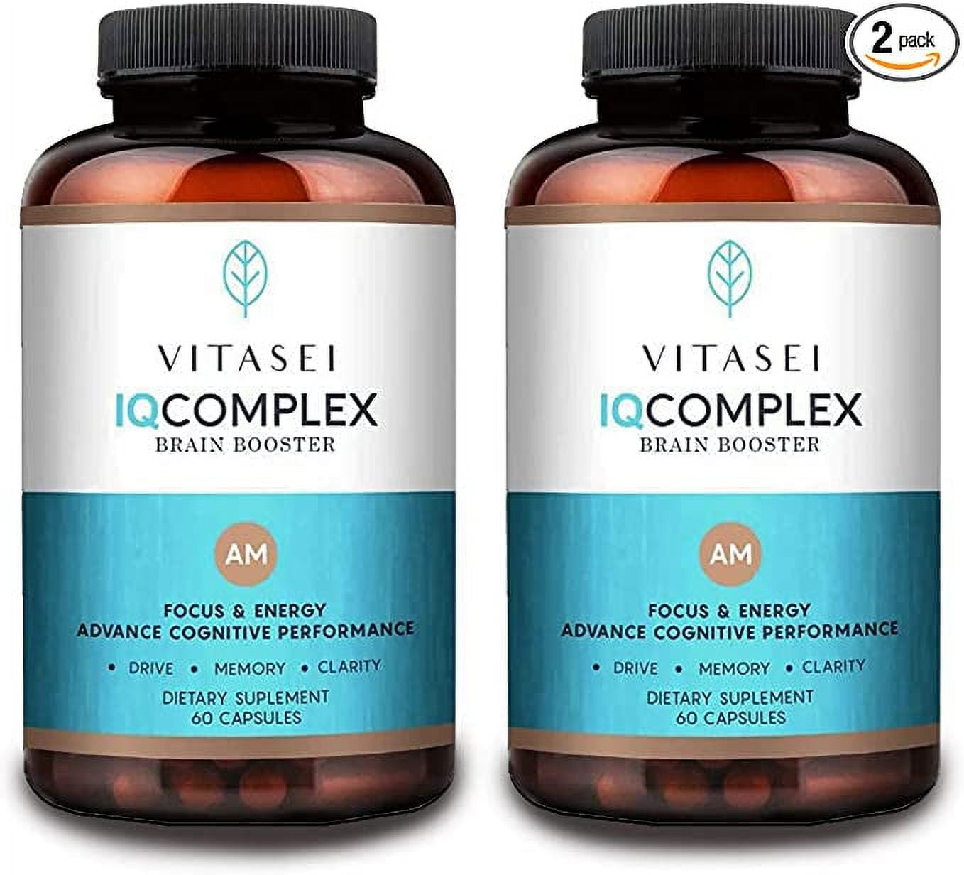 Vitasei IQ Complex AM Brain Booster Brain Supplement for Memory & Focus-Energy & Cognitive Capsules W/Ashwagandha,Quercetin & Green Tea,Memory Pills for Mental Clarity,Mental Focus- 60 Capsules (2pck)