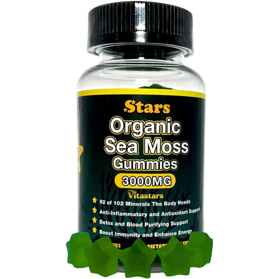 Vitastars Organic Sea Moss Gummies, Infused with Apple Cider Vinegar, Burdock Root & Bladderwrack, Seamoss Gut Health & Immune Support Supplements for Men and Women, 3000 mg, 60 Star Shaped Gummies